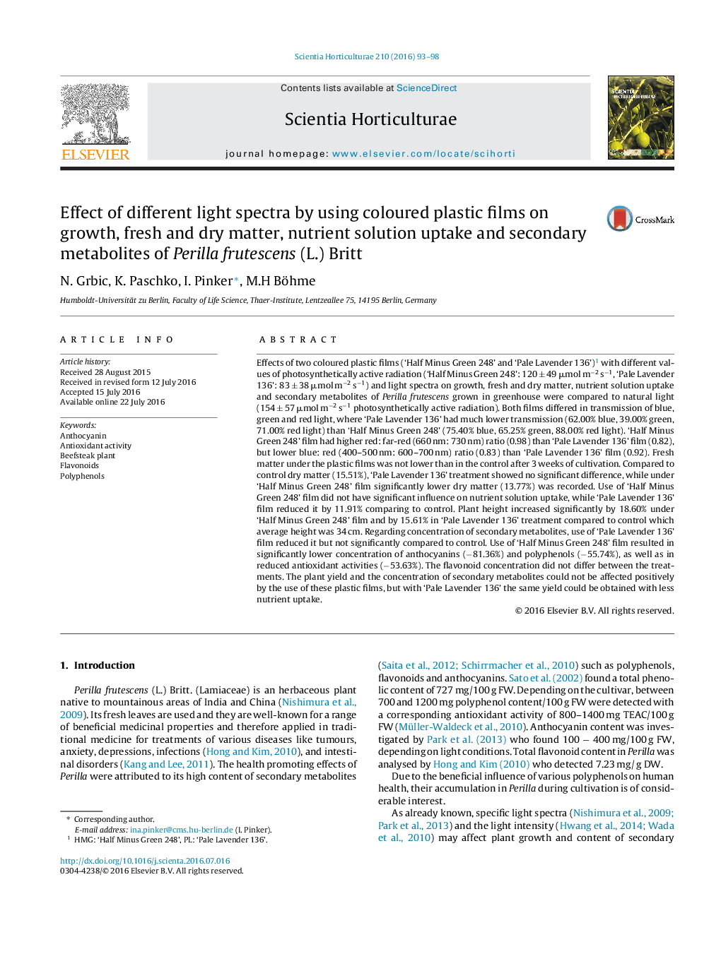 Effect of different light spectra by using coloured plastic films on growth, fresh and dry matter, nutrient solution uptake and secondary metabolites of Perilla frutescens (L.) Britt