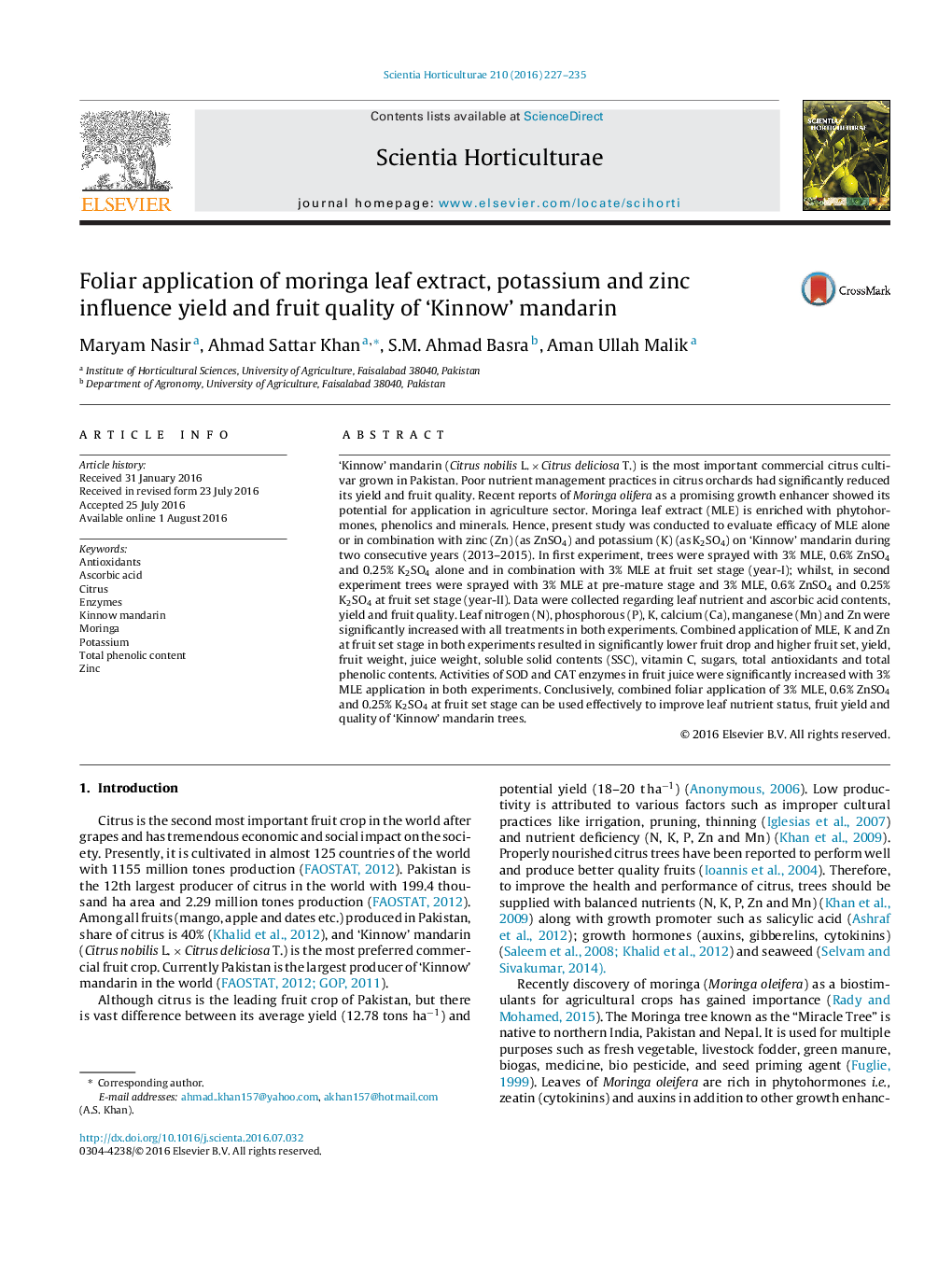 Foliar application of moringa leaf extract, potassium and zinc influence yield and fruit quality of ‘Kinnow’ mandarin