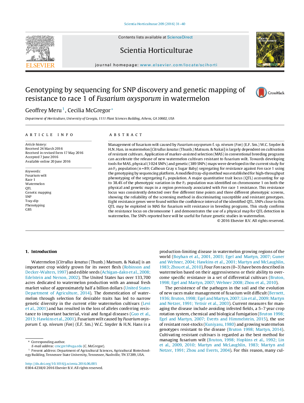 Genotyping by sequencing for SNP discovery and genetic mapping of resistance to race 1 of Fusarium oxysporum in watermelon