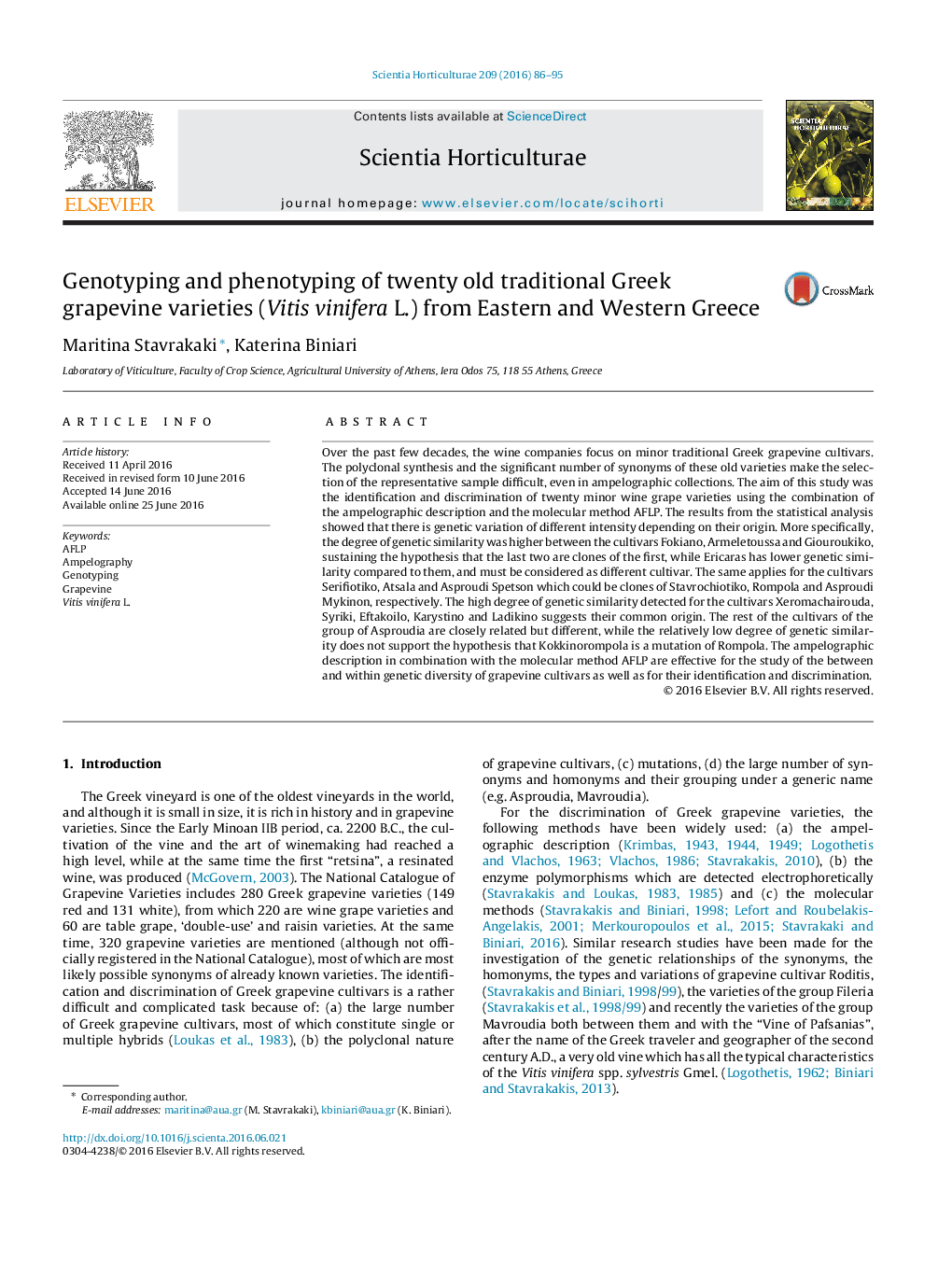 Genotyping and phenotyping of twenty old traditional Greek grapevine varieties (Vitis vinifera L.) from Eastern and Western Greece