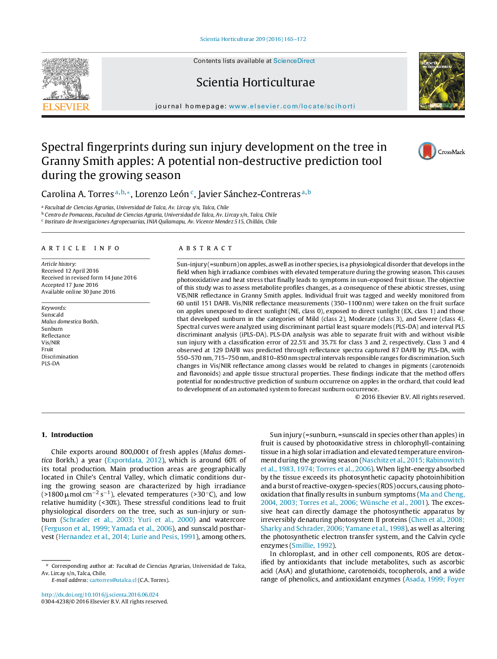 Spectral fingerprints during sun injury development on the tree in Granny Smith apples: A potential non-destructive prediction tool during the growing season