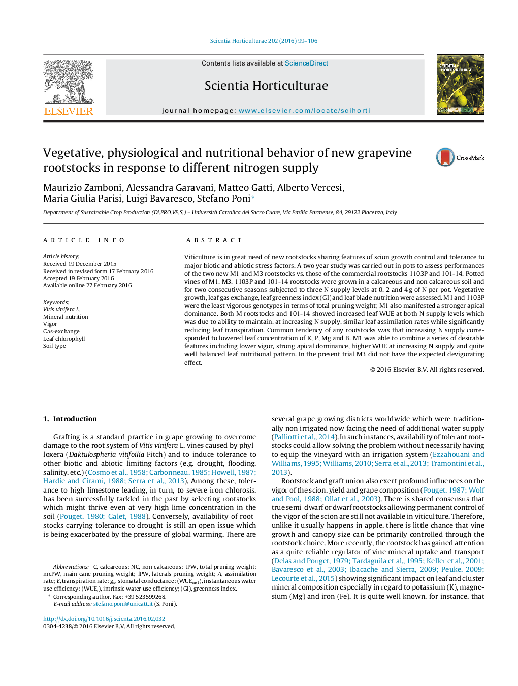 Vegetative, physiological and nutritional behavior of new grapevine rootstocks in response to different nitrogen supply