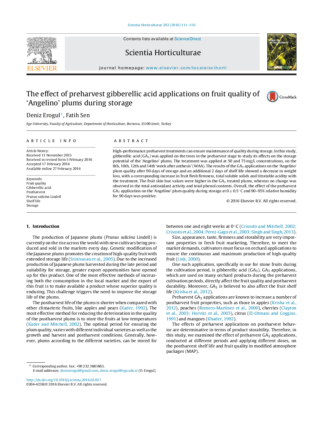 The effect of preharvest gibberellic acid applications on fruit quality of ʽAngelinoʼ plums during storage