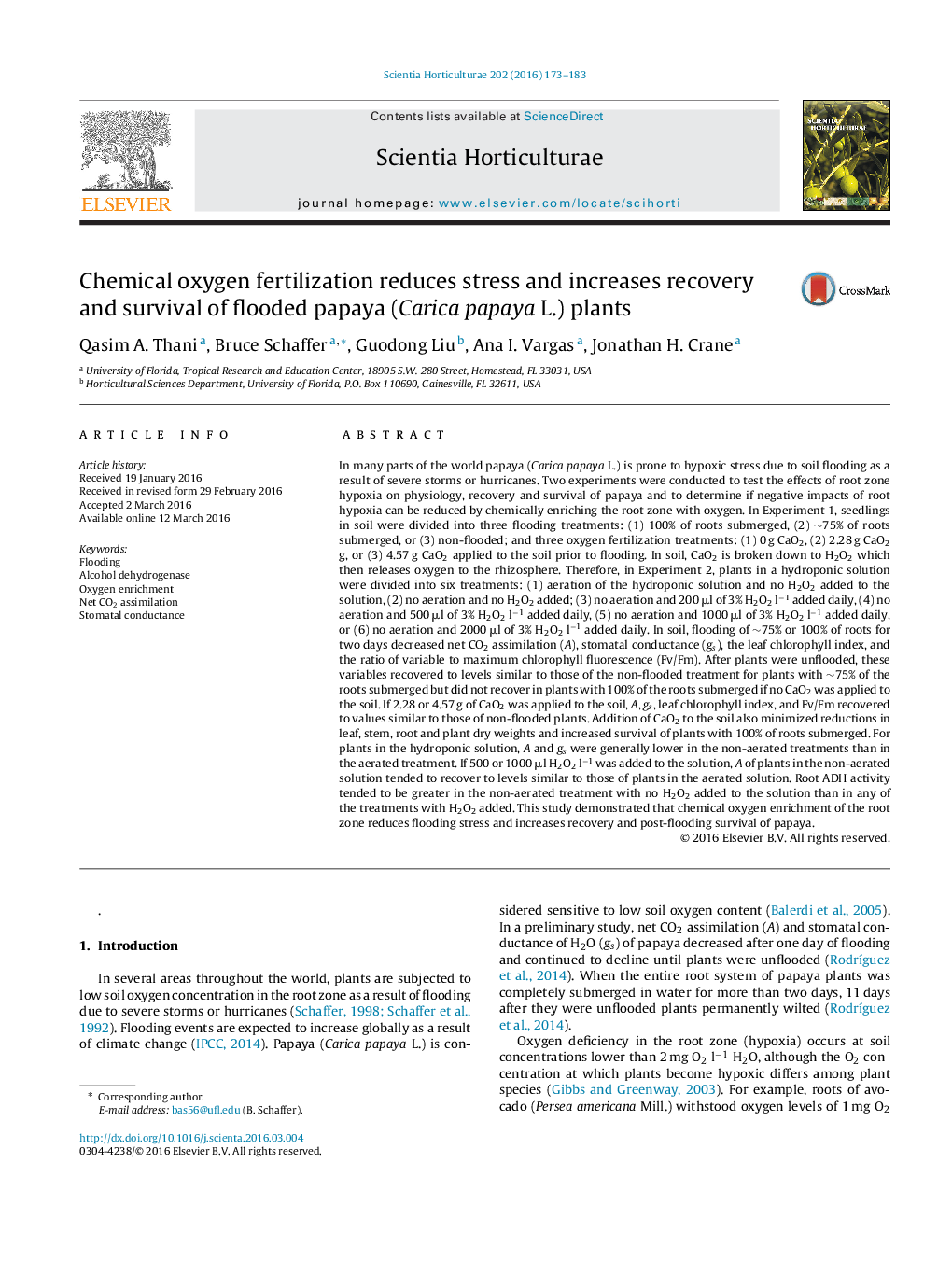 Chemical oxygen fertilization reduces stress and increases recovery and survival of flooded papaya (Carica papaya L.) plants