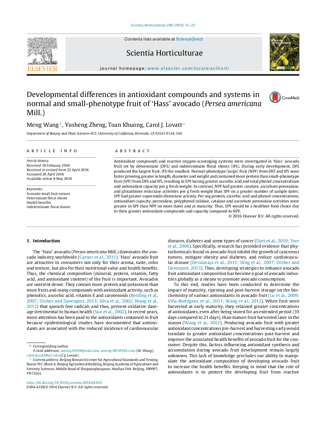 Developmental differences in antioxidant compounds and systems in normal and small-phenotype fruit of ‘Hass’ avocado (Persea americana Mill.)