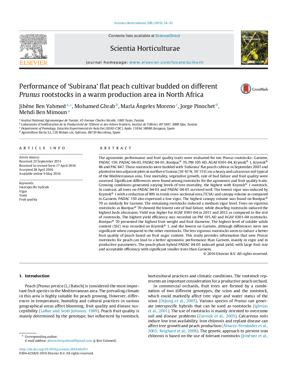 Performance of ‘Subirana’ flat peach cultivar budded on different Prunus rootstocks in a warm production area in North Africa