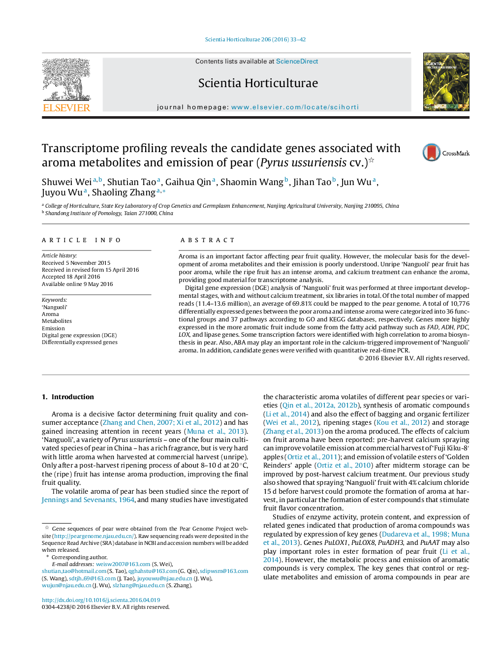 Transcriptome profiling reveals the candidate genes associated with aroma metabolites and emission of pear (Pyrus ussuriensis cv.) 