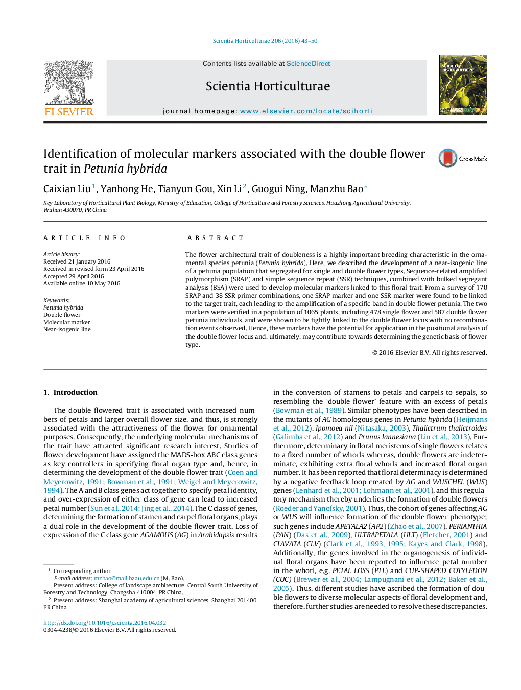 Identification of molecular markers associated with the double flower trait in Petunia hybrida