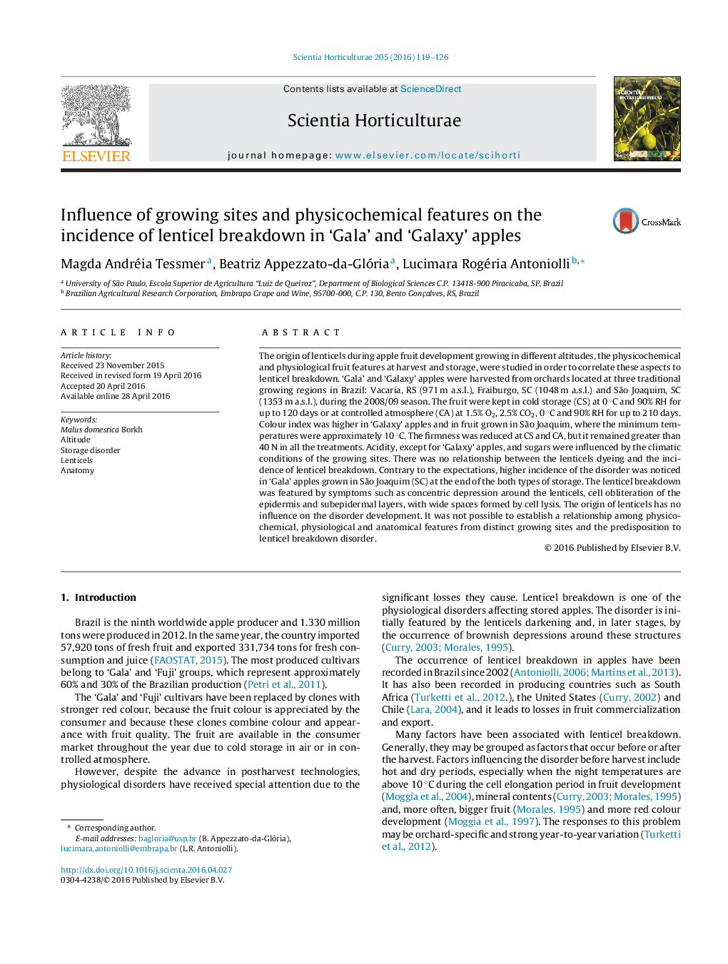 Influence of growing sites and physicochemical features on the incidence of lenticel breakdown in ‘Gala’ and ‘Galaxy’ apples