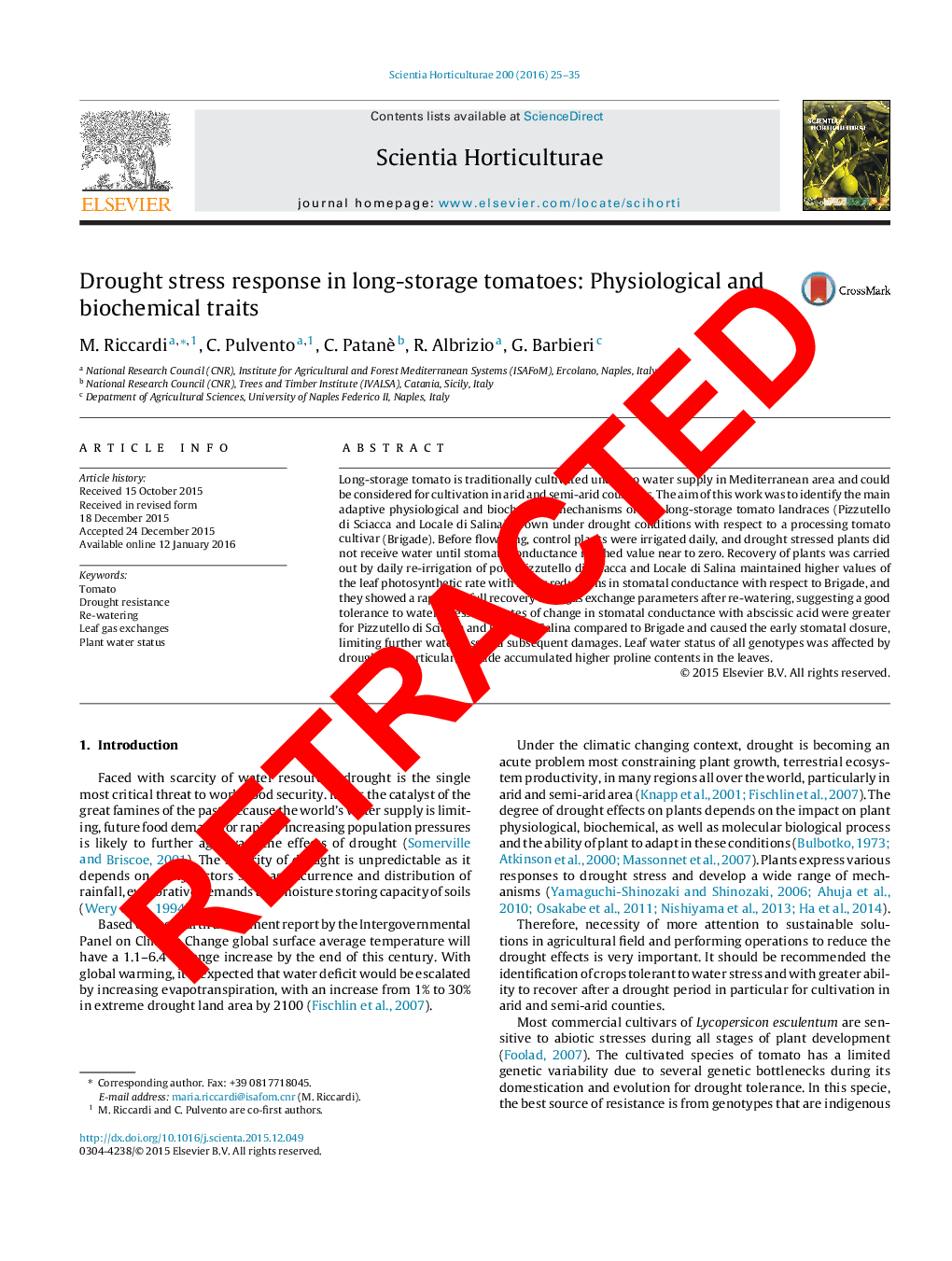 RETRACTED: Drought stress response in long-storage tomatoes: Physiological and biochemical traits