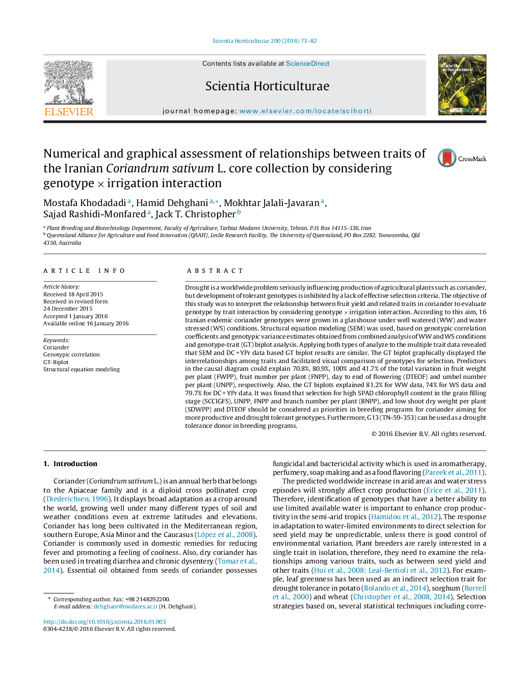 Numerical and graphical assessment of relationships between traits of the Iranian Coriandrum sativum L. core collection by considering genotype × irrigation interaction