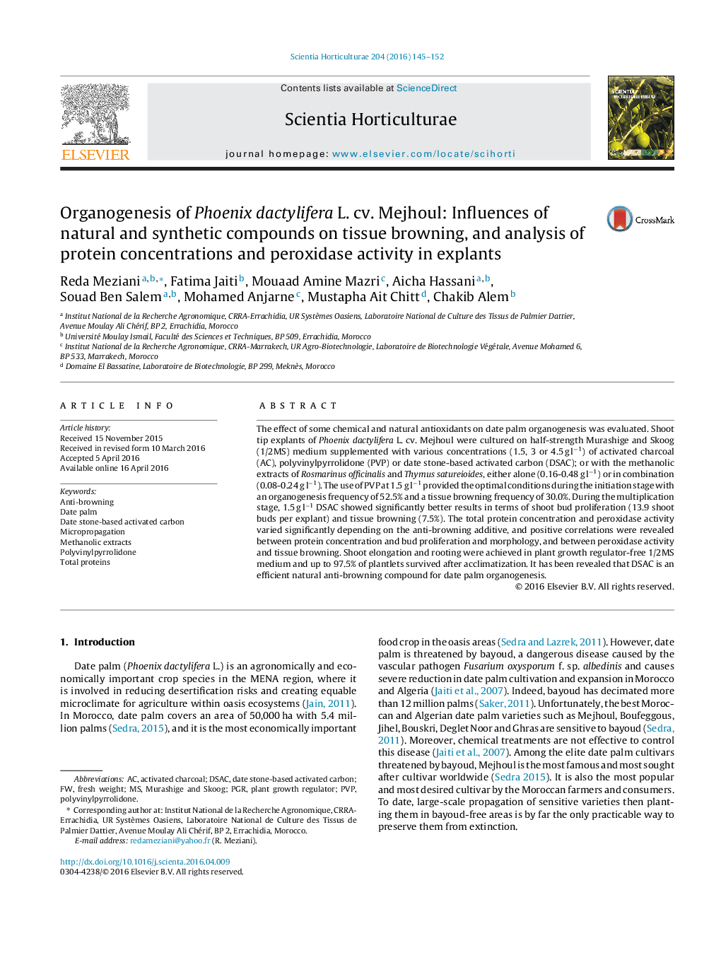 Organogenesis of Phoenix dactylifera L. cv. Mejhoul: Influences of natural and synthetic compounds on tissue browning, and analysis of protein concentrations and peroxidase activity in explants