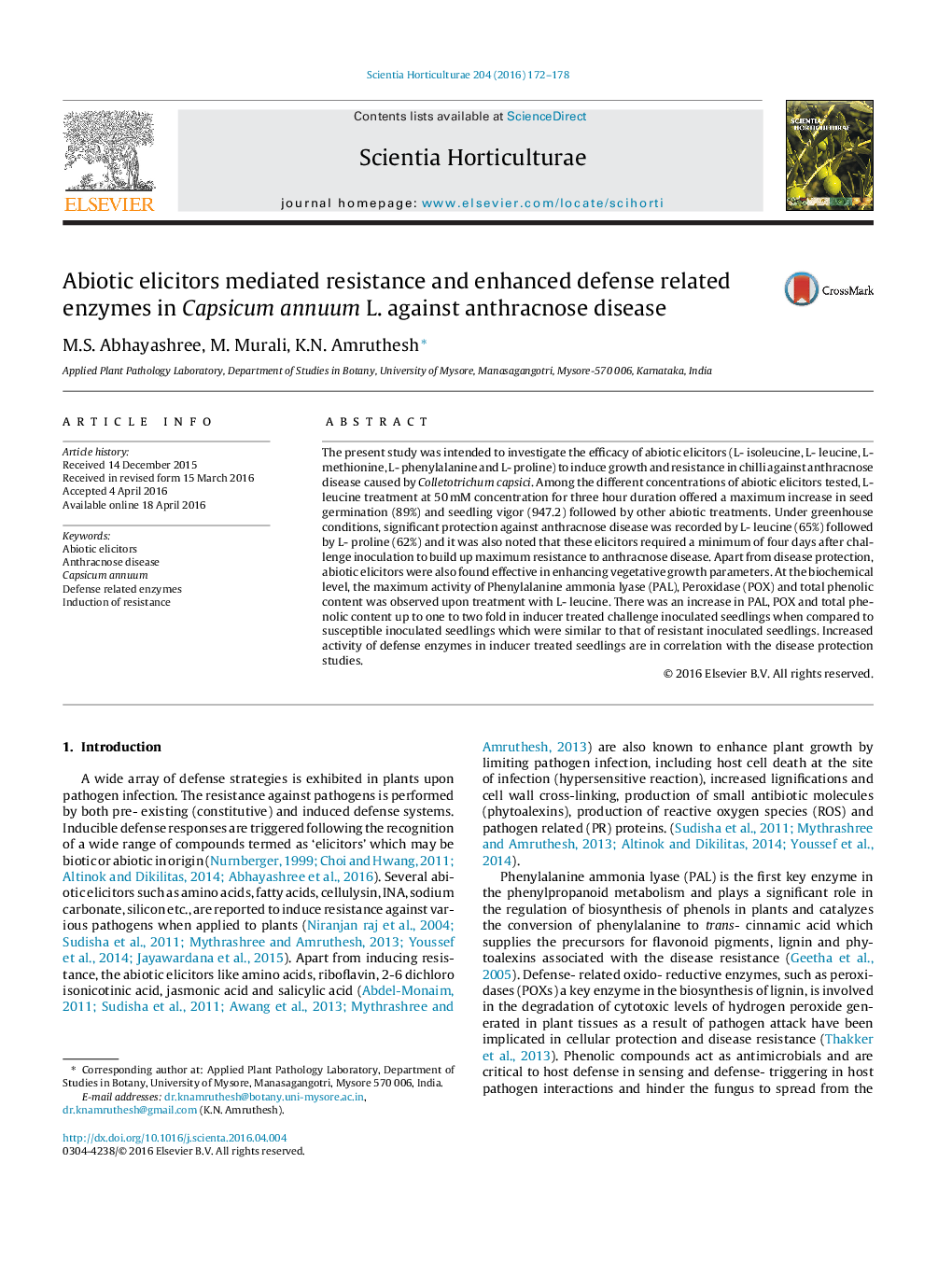 عکس صفحه اول مقاله: Abiotic elicitors mediated resistance and enhanced defense related enzymes in Capsicum annuum L. against anthracnose disease Abiotic elicitors mediated resistance and enhanced defense related enzymes in Capsicum annuum L. against anthracnose disease
