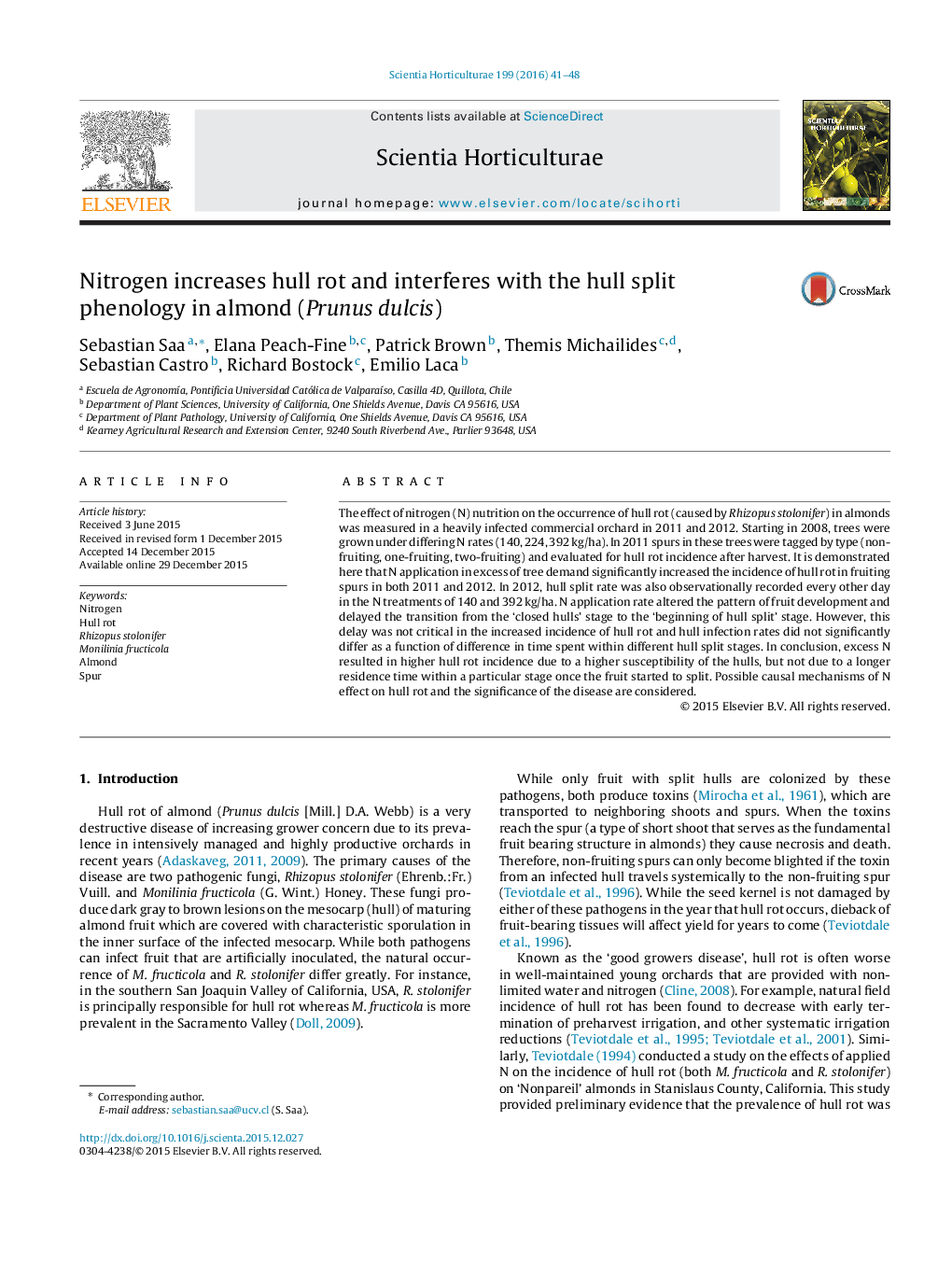 Nitrogen increases hull rot and interferes with the hull split phenology in almond (Prunus dulcis)