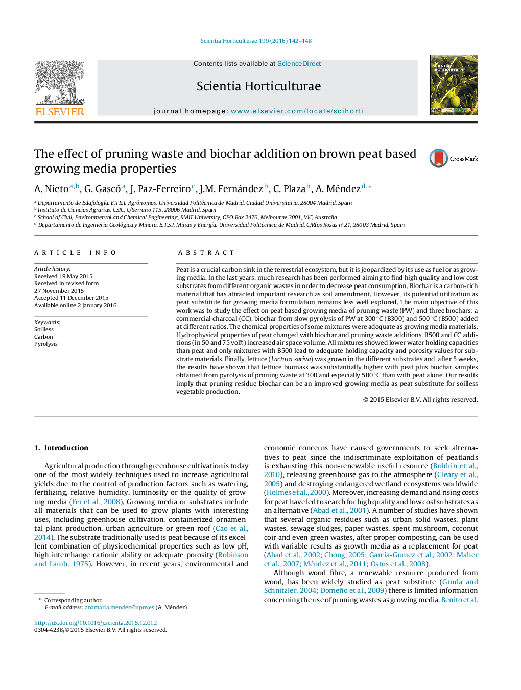 The effect of pruning waste and biochar addition on brown peat based growing media properties