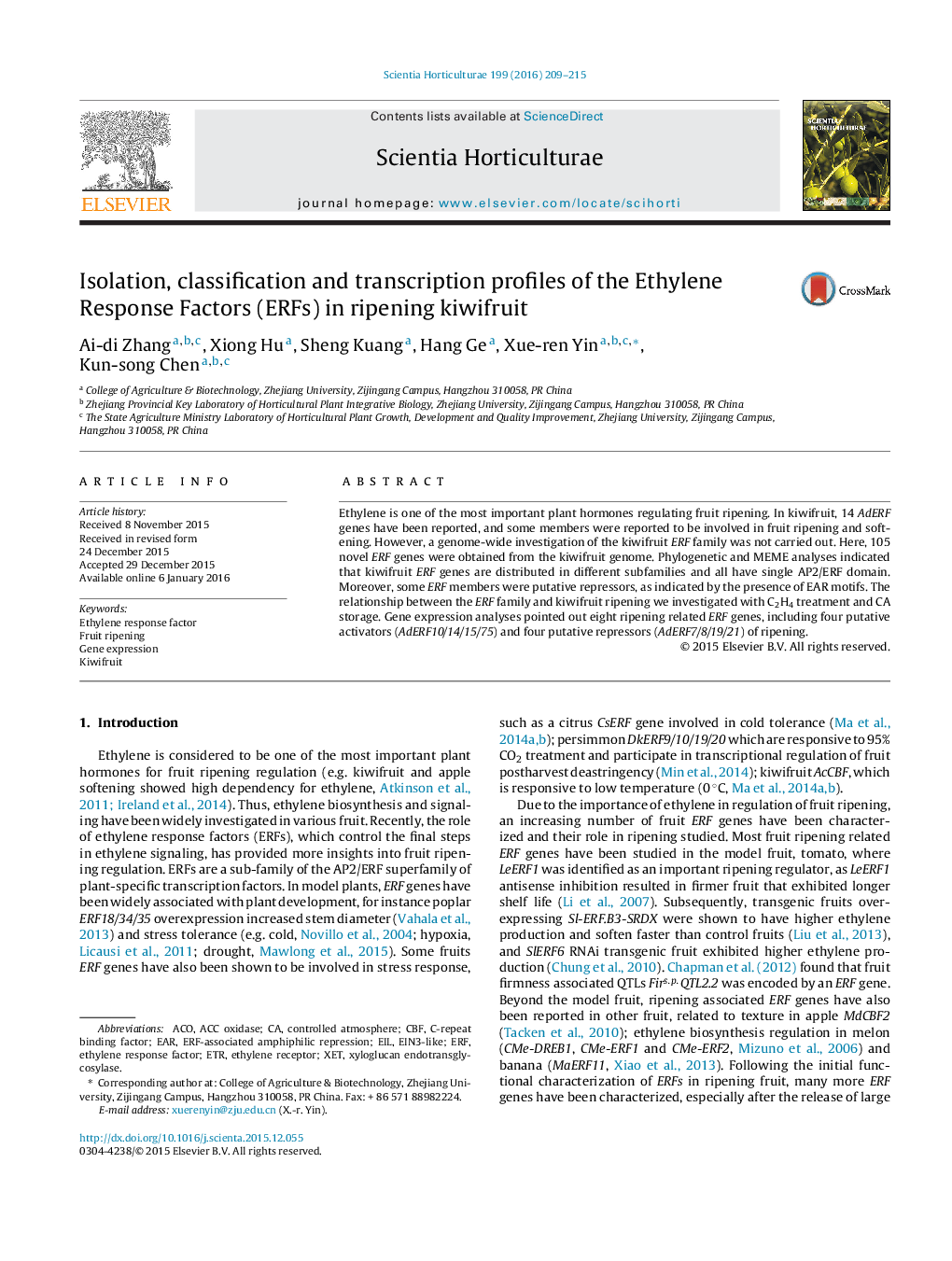 Isolation, classification and transcription profiles of the Ethylene Response Factors (ERFs) in ripening kiwifruit