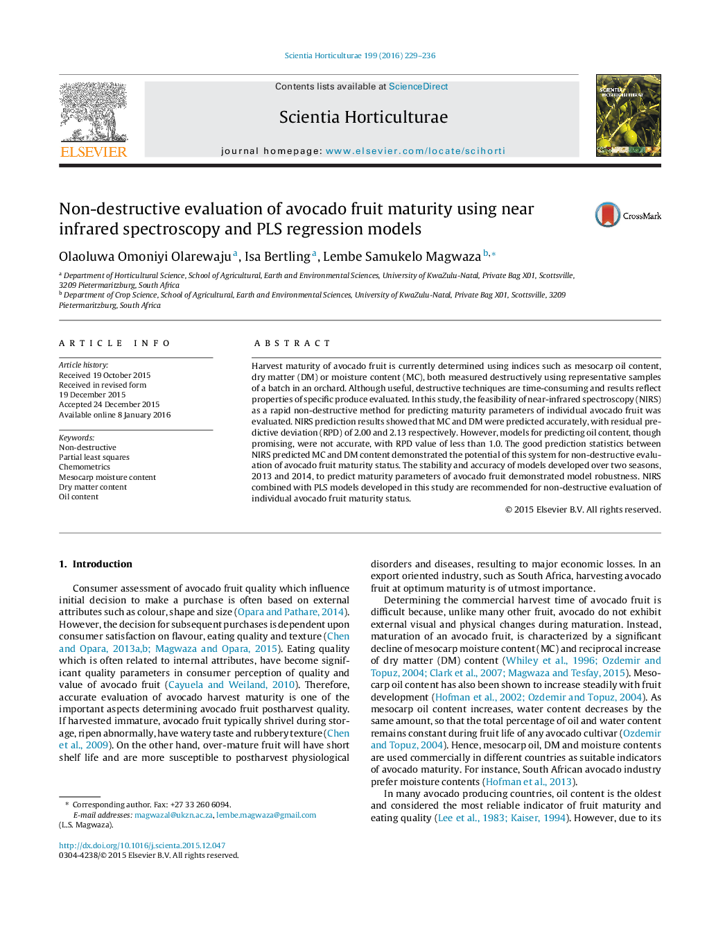 Non-destructive evaluation of avocado fruit maturity using near infrared spectroscopy and PLS regression models