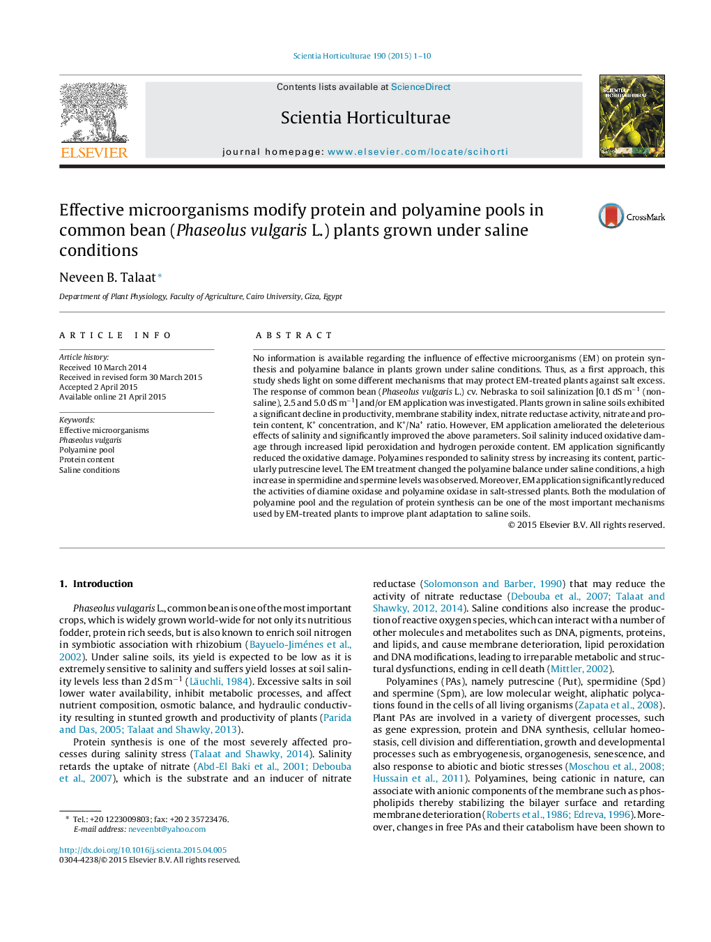 Effective microorganisms modify protein and polyamine pools in common bean (Phaseolus vulgaris L.) plants grown under saline conditions