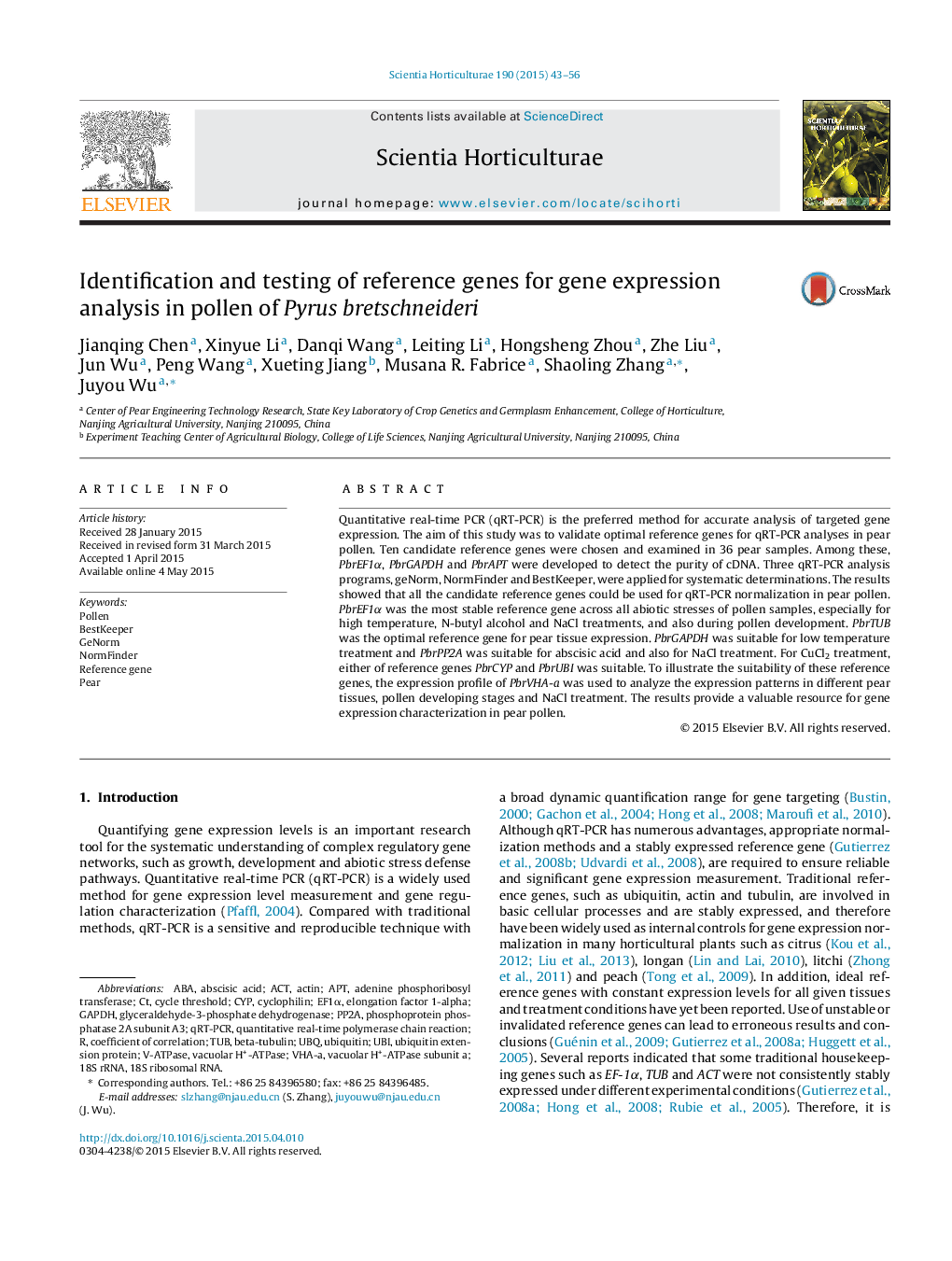 Identification and testing of reference genes for gene expression analysis in pollen of Pyrus bretschneideri