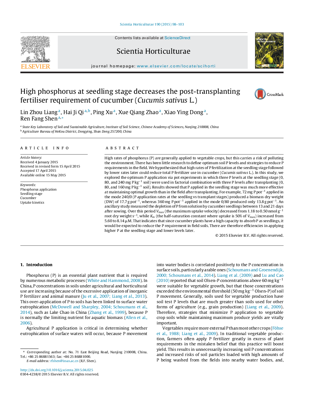 High phosphorus at seedling stage decreases the post-transplanting fertiliser requirement of cucumber (Cucumis sativus L.)