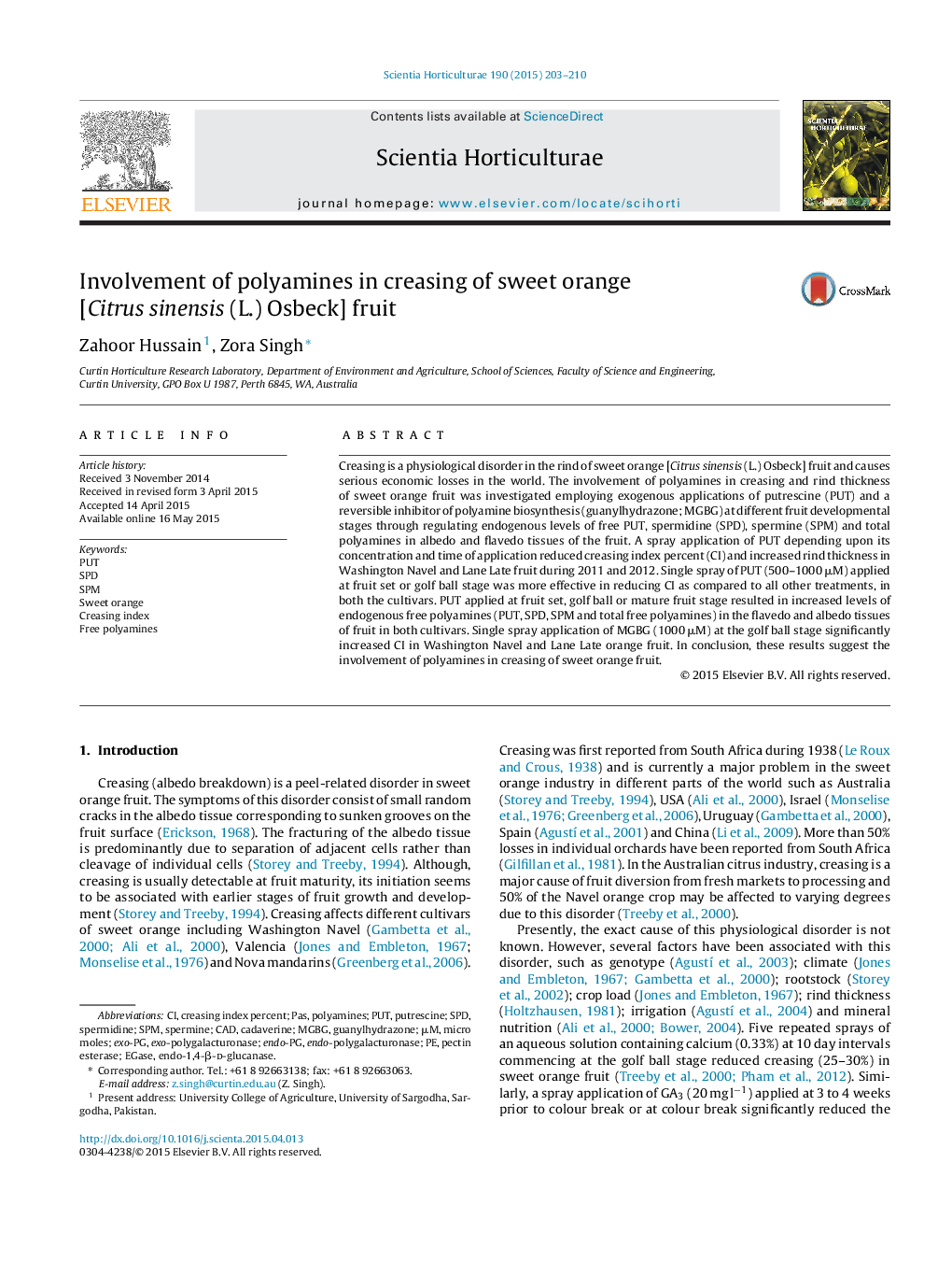 Involvement of polyamines in creasing of sweet orange [Citrus sinensis (L.) Osbeck] fruit