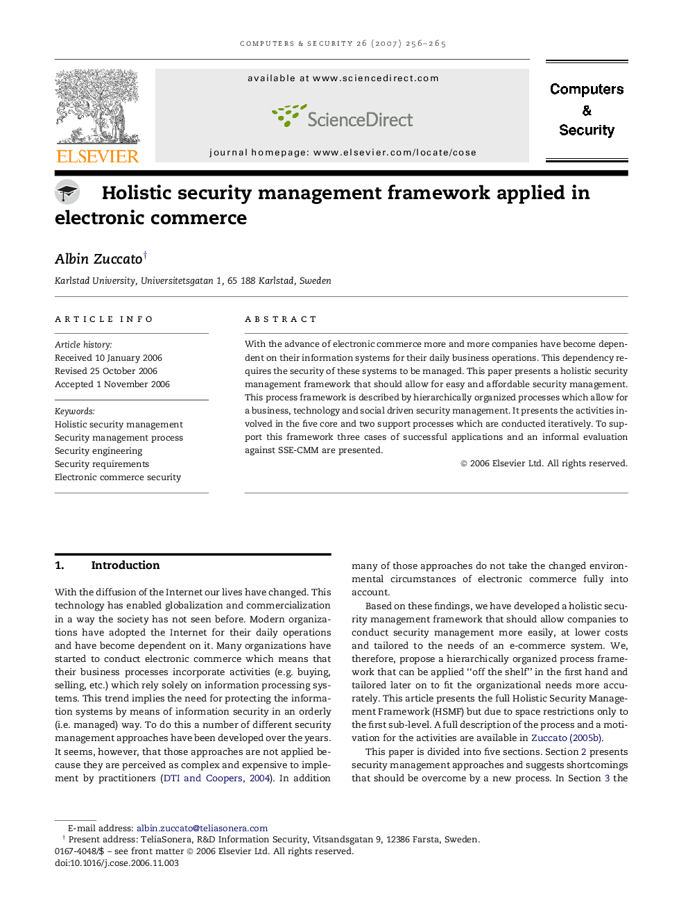 Holistic security management framework applied in electronic commerce