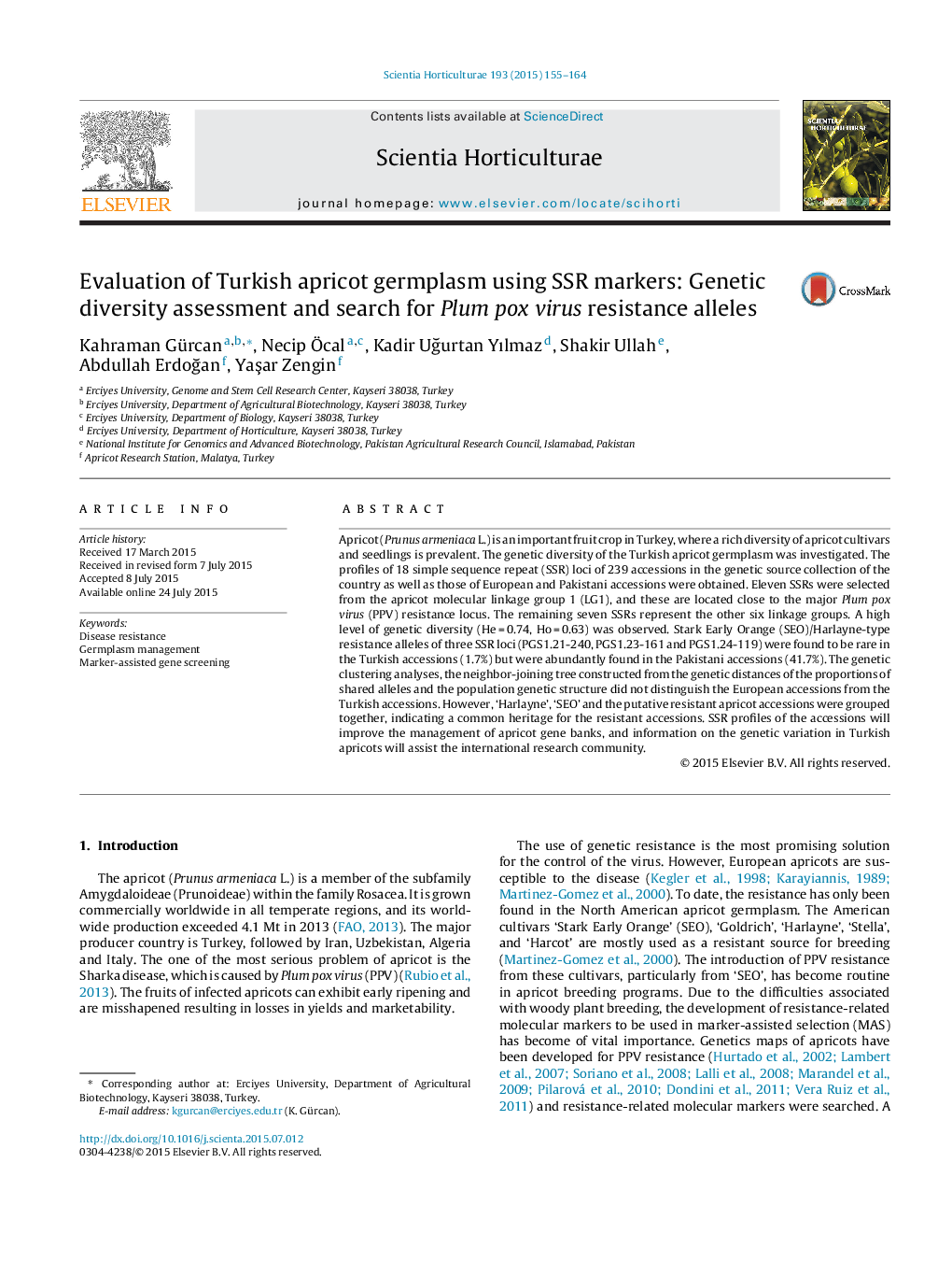 عکس صفحه اول مقاله: Evaluation of Turkish apricot germplasm using SSR markers: Genetic diversity assessment and search for Plum pox virus resistance alleles Evaluation of Turkish apricot germplasm using SSR markers: Genetic diversity assessment and search for Plum pox virus resistance alleles
