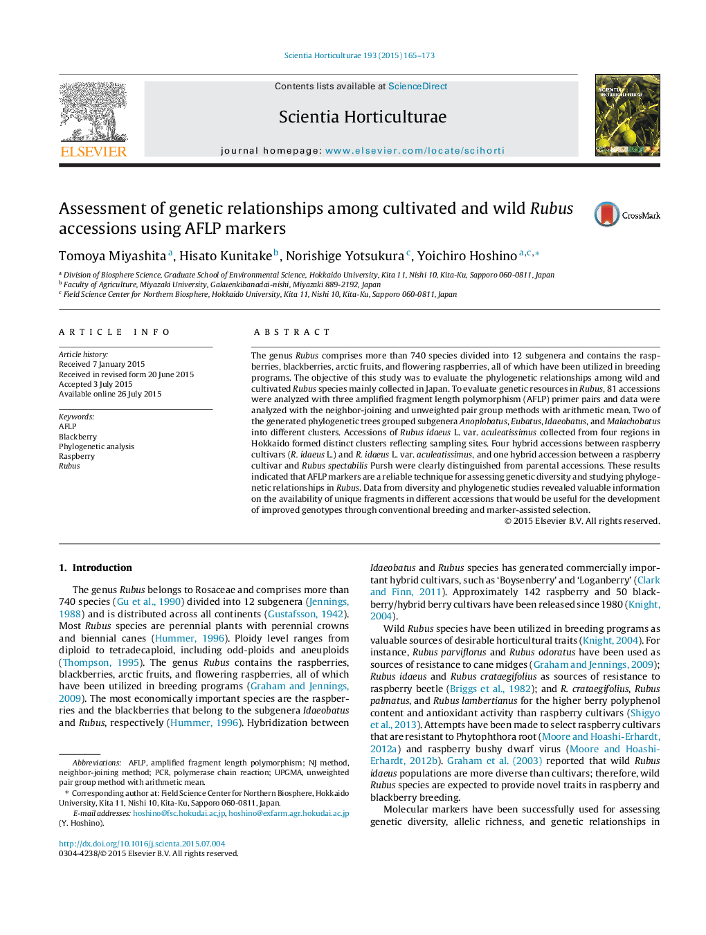 Assessment of genetic relationships among cultivated and wild Rubus accessions using AFLP markers