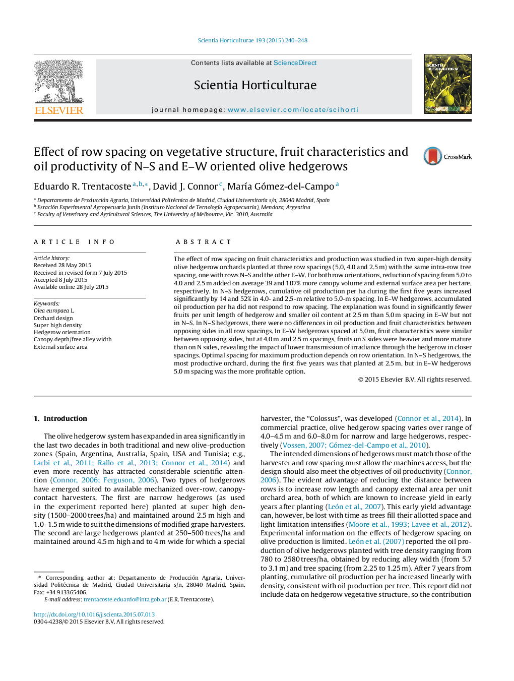 Effect of row spacing on vegetative structure, fruit characteristics and oil productivity of N–S and E–W oriented olive hedgerows