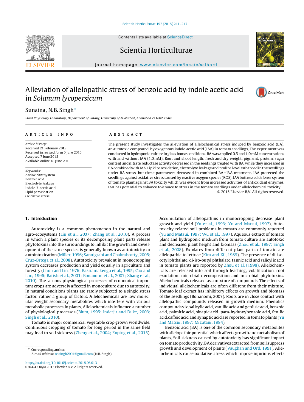 Alleviation of allelopathic stress of benzoic acid by indole acetic acid in Solanum lycopersicum