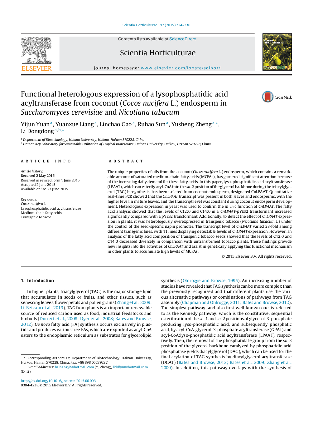 Functional heterologous expression of a lysophosphatidic acid acyltransferase from coconut (Cocos nucifera L.) endosperm in Saccharomyces cerevisiae and Nicotiana tabacum