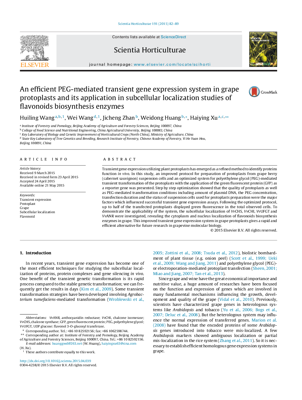 An efficient PEG-mediated transient gene expression system in grape protoplasts and its application in subcellular localization studies of flavonoids biosynthesis enzymes