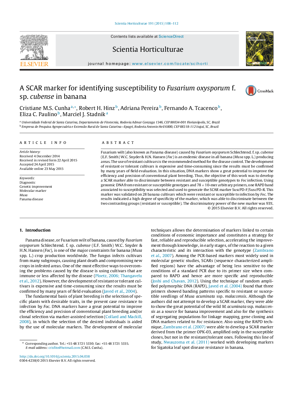 A SCAR marker for identifying susceptibility to Fusarium oxysporum f. sp. cubense in banana