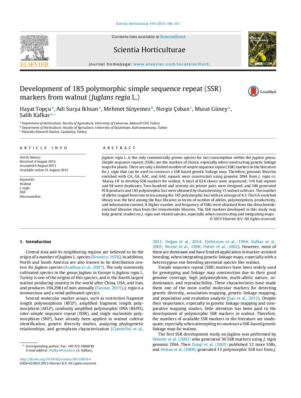 Development of 185 polymorphic simple sequence repeat (SSR) markers from walnut (Juglans regia L.)