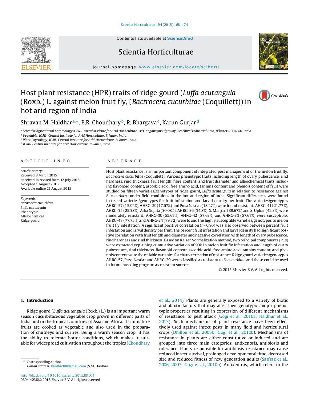 Host plant resistance (HPR) traits of ridge gourd (Luffa acutangula (Roxb.) L. against melon fruit fly, (Bactrocera cucurbitae (Coquillett)) in hot arid region of India