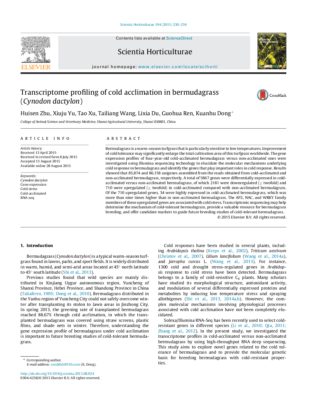 Transcriptome profiling of cold acclimation in bermudagrass (Cynodon dactylon)