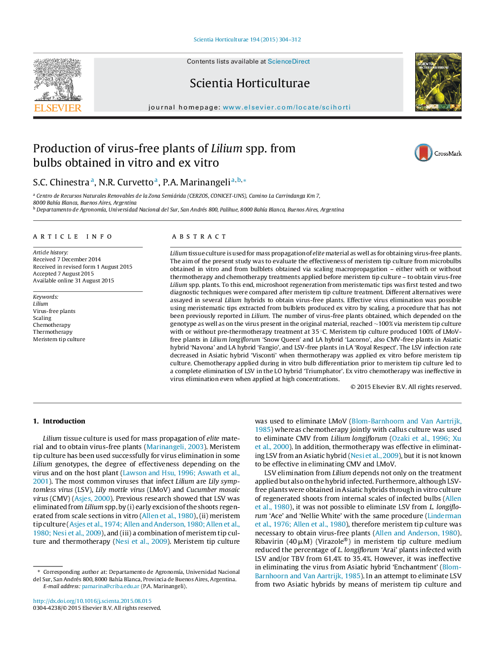 Production of virus-free plants of Lilium spp. from bulbs obtained in vitro and ex vitro