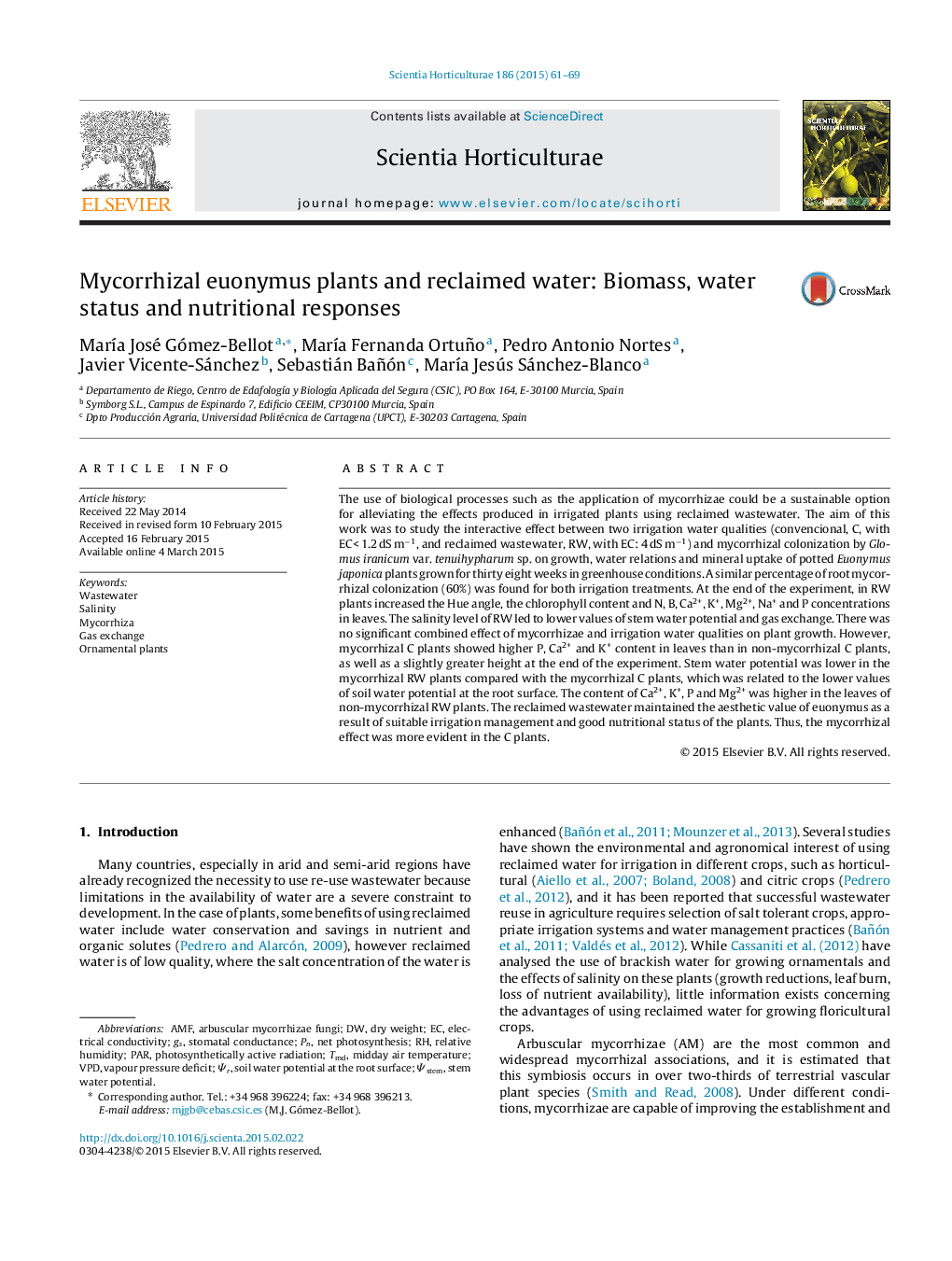 عکس صفحه اول مقاله: Mycorrhizal euonymus plants and reclaimed water: Biomass, water status and nutritional responses Mycorrhizal euonymus plants and reclaimed water: Biomass, water status and nutritional responses