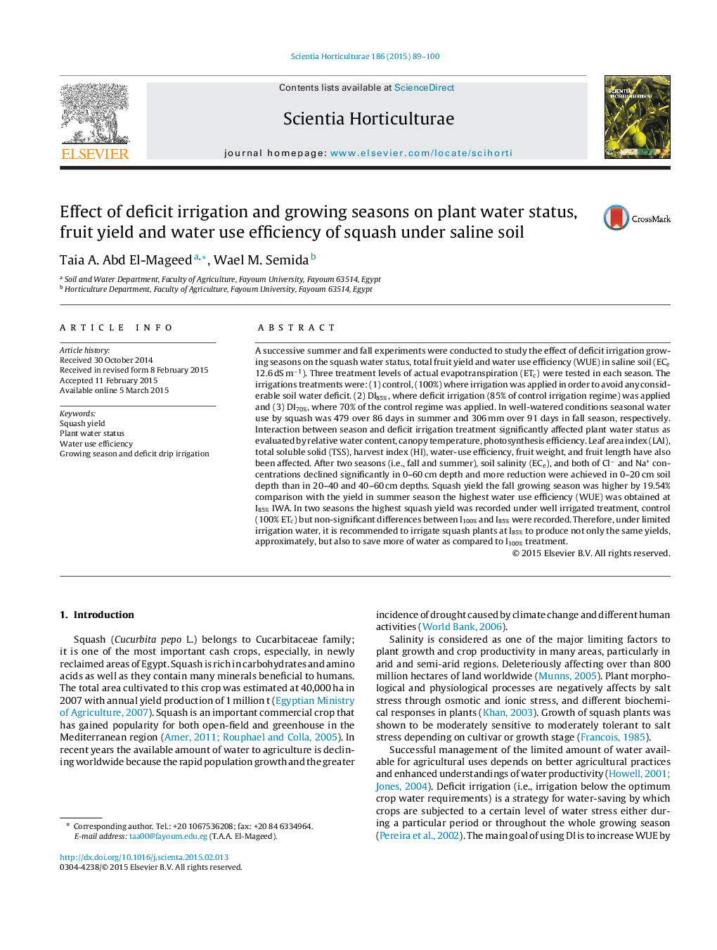 Effect of deficit irrigation and growing seasons on plant water status, fruit yield and water use efficiency of squash under saline soil