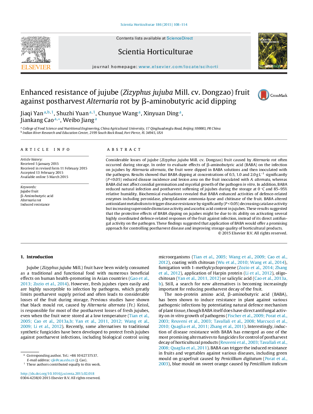 Enhanced resistance of jujube (Zizyphus jujuba Mill. cv. Dongzao) fruit against postharvest Alternaria rot by β-aminobutyric acid dipping