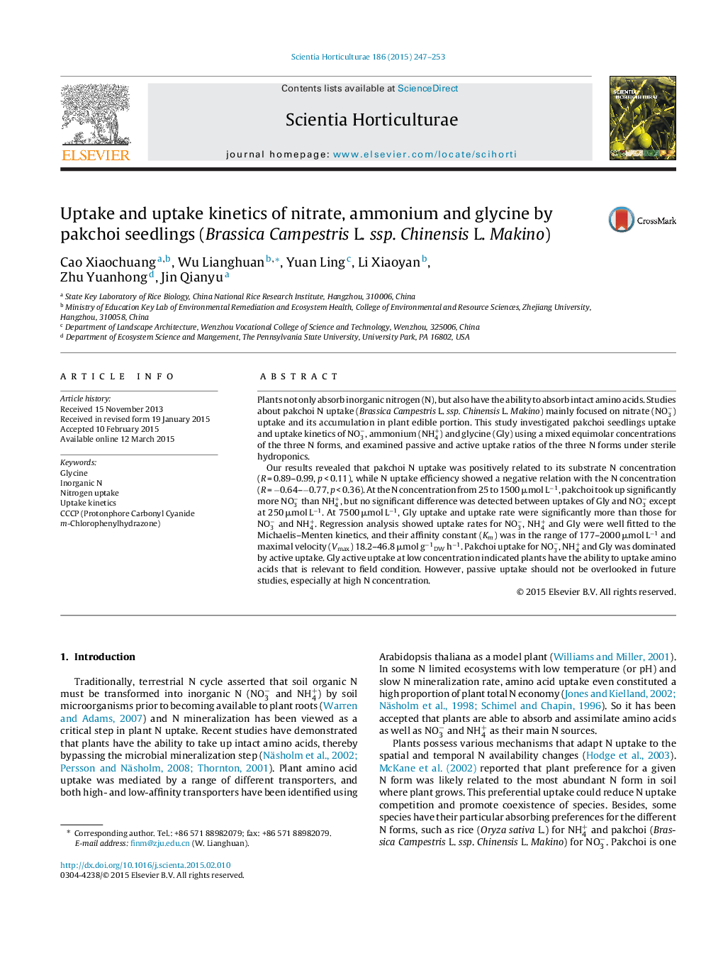 Uptake and uptake kinetics of nitrate, ammonium and glycine by pakchoi seedlings (Brassica Campestris L. ssp. Chinensis L. Makino)