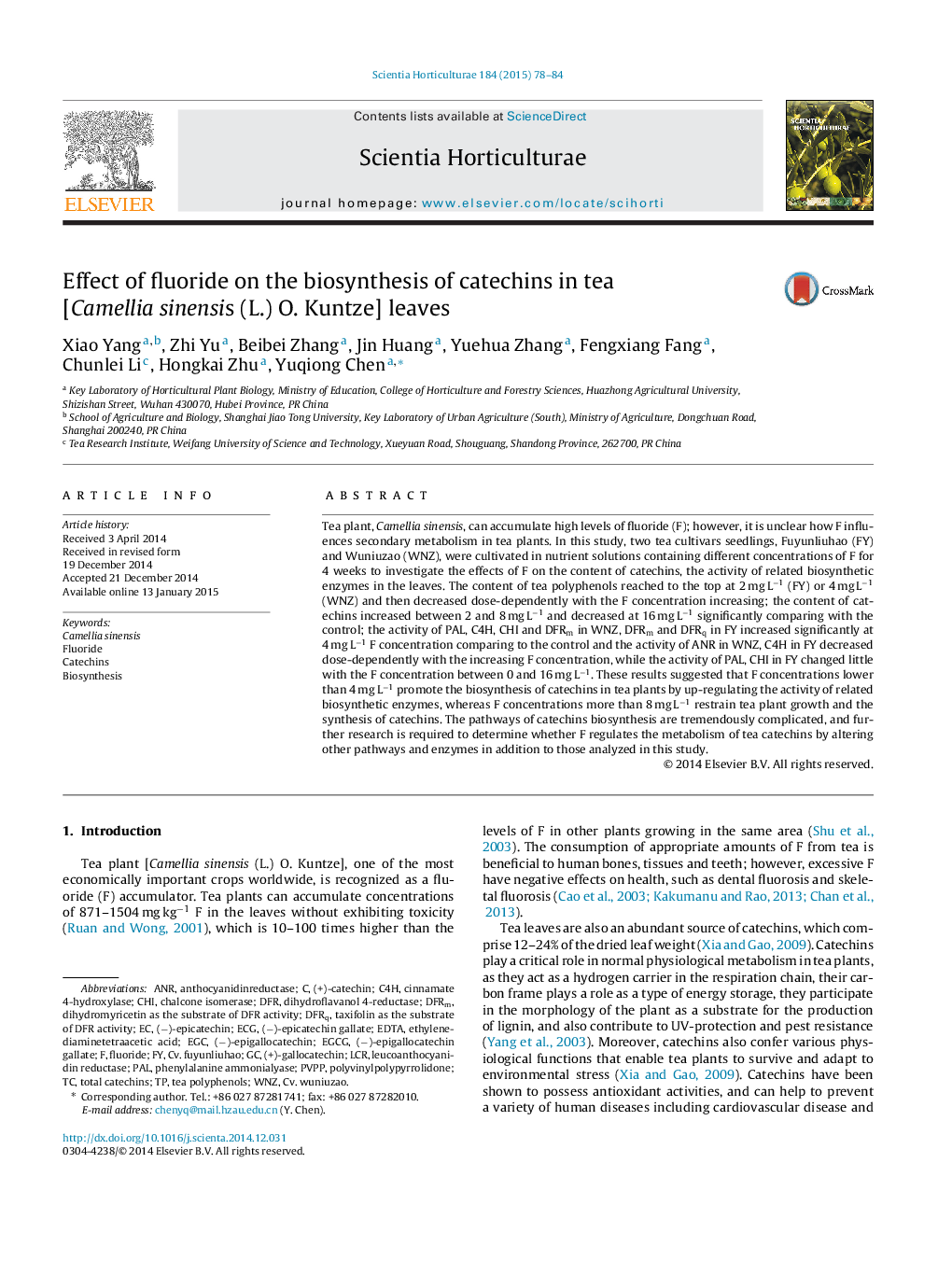 Effect of fluoride on the biosynthesis of catechins in tea [Camellia sinensis (L.) O. Kuntze] leaves