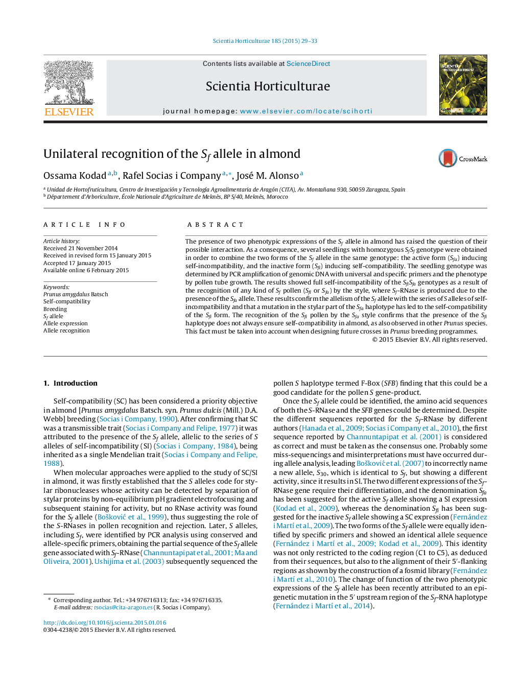 Unilateral recognition of the Sf allele in almond