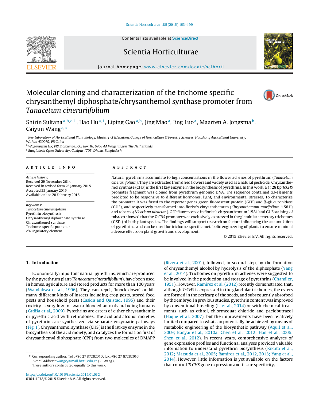 Molecular cloning and characterization of the trichome specific chrysanthemyl diphosphate/chrysanthemol synthase promoter from Tanacetum cinerariifolium