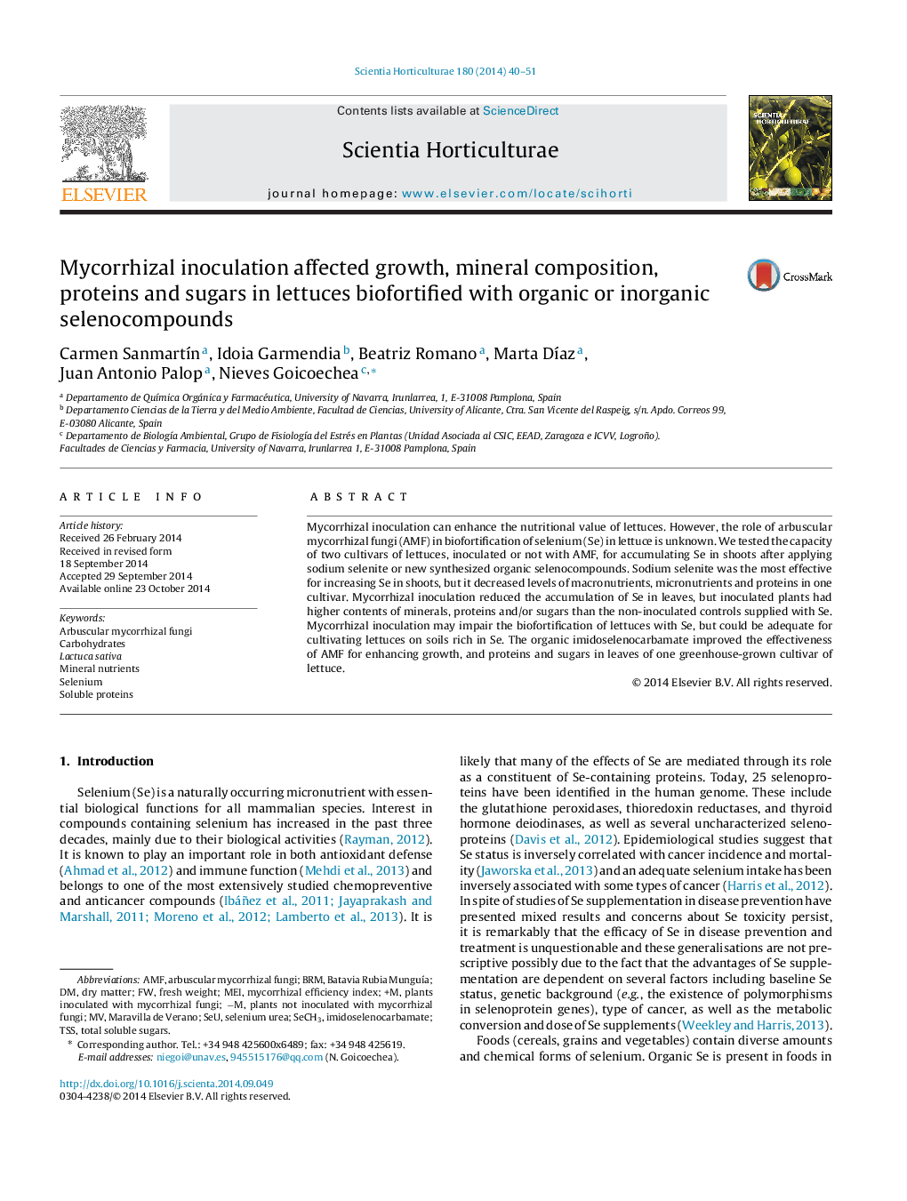 Mycorrhizal inoculation affected growth, mineral composition, proteins and sugars in lettuces biofortified with organic or inorganic selenocompounds