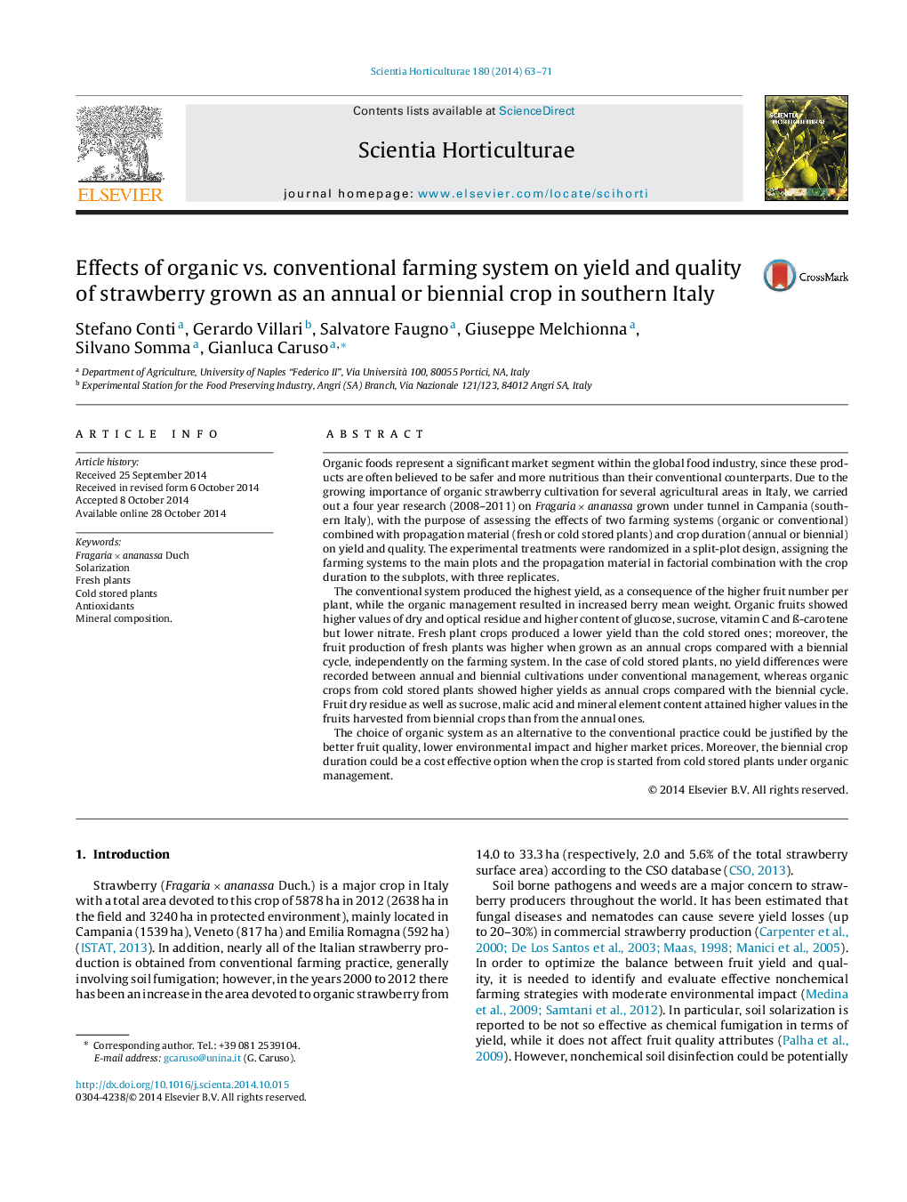 Effects of organic vs. conventional farming system on yield and quality of strawberry grown as an annual or biennial crop in southern Italy