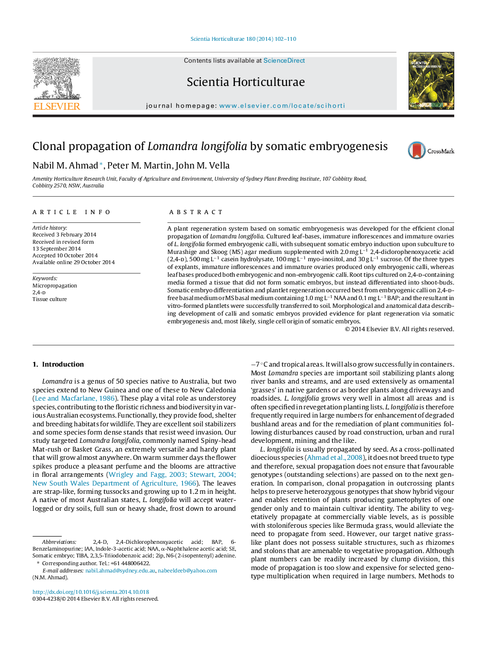 Clonal propagation of Lomandra longifolia by somatic embryogenesis