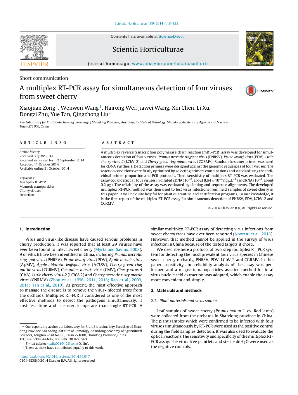 A multiplex RT-PCR assay for simultaneous detection of four viruses from sweet cherry