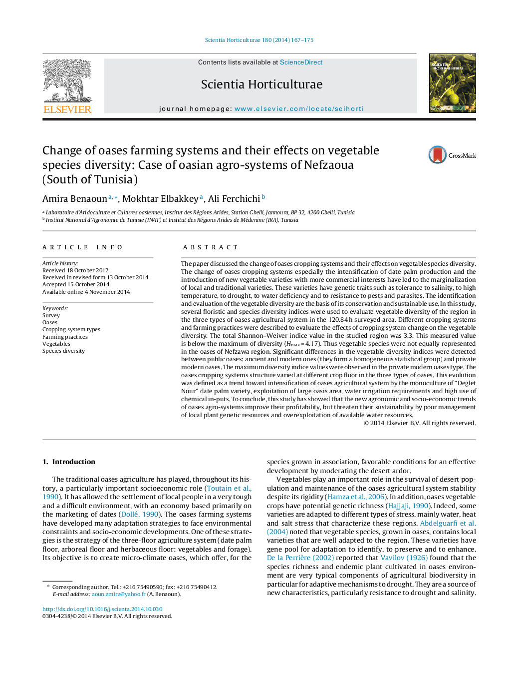 Change of oases farming systems and their effects on vegetable species diversity: Case of oasian agro-systems of Nefzaoua (South of Tunisia)