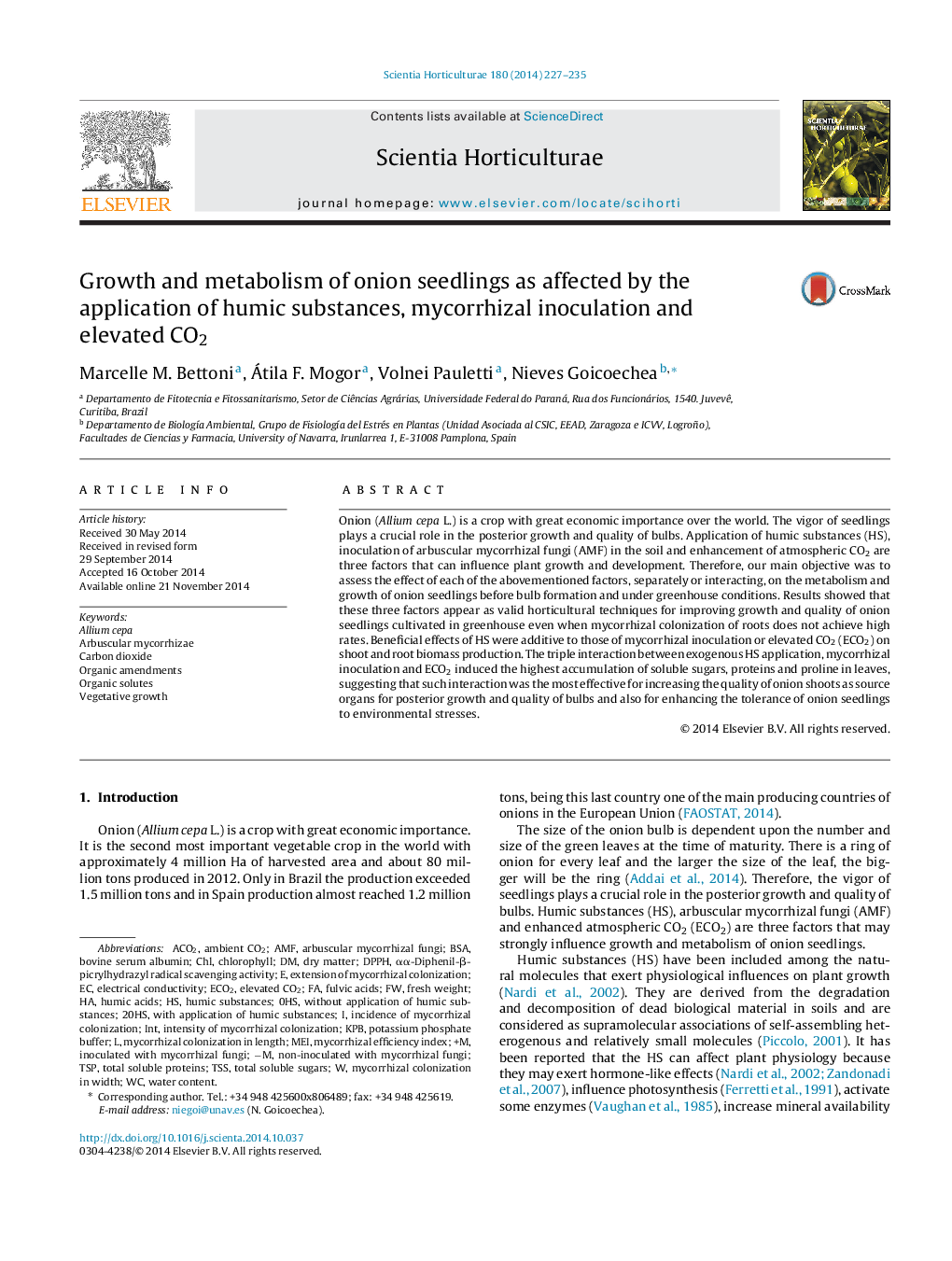 Growth and metabolism of onion seedlings as affected by the application of humic substances, mycorrhizal inoculation and elevated CO2